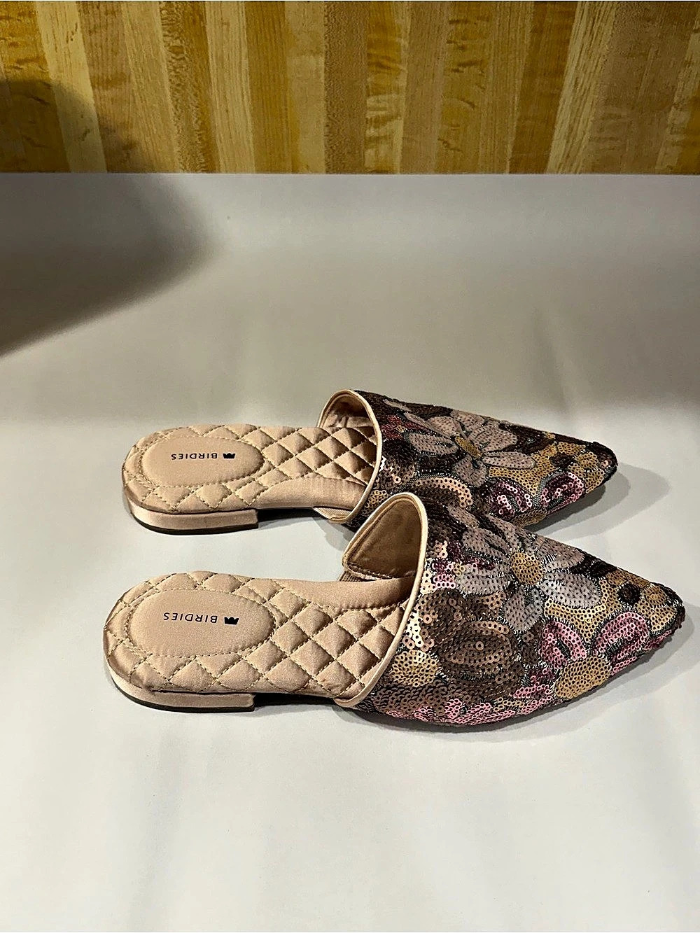 Birdies The Dove Pink Petal Sequin Floral Mules US 8